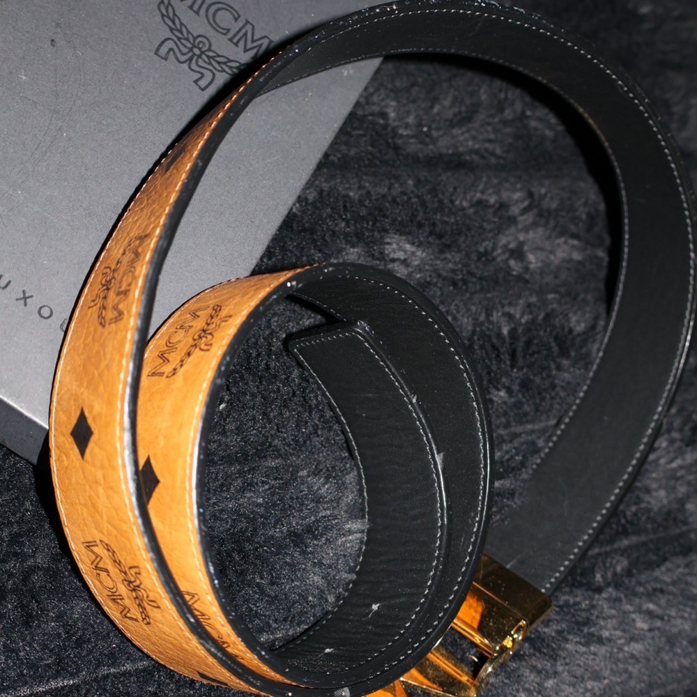 MCM Black and Tan Leather Belt with Gold Buckle